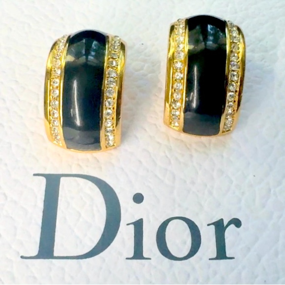Christian Dior Vintage 1980s Large Black Double Crystals Dome Hoop Clip Earrings